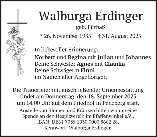 Traueranzeige von Walburga Erdinger von Das Gelbe Blatt Penzberg