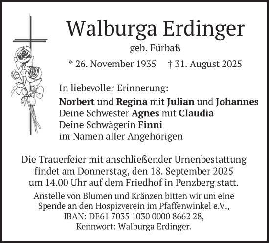 Traueranzeige von Walburga Erdinger von merkurtz