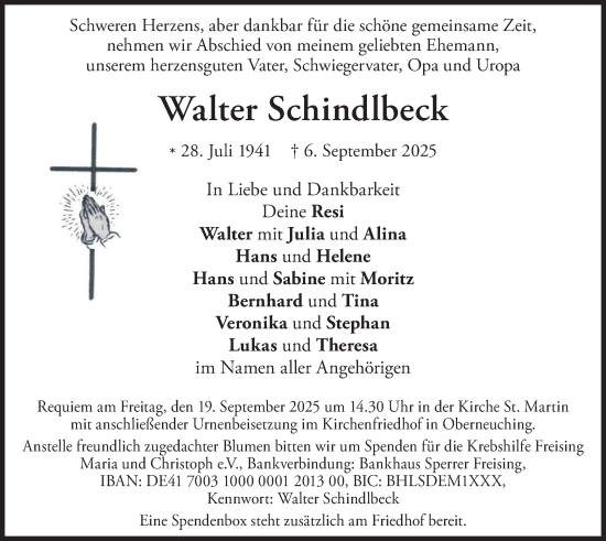 Traueranzeige von Walter Schindlbeck von merkurtz