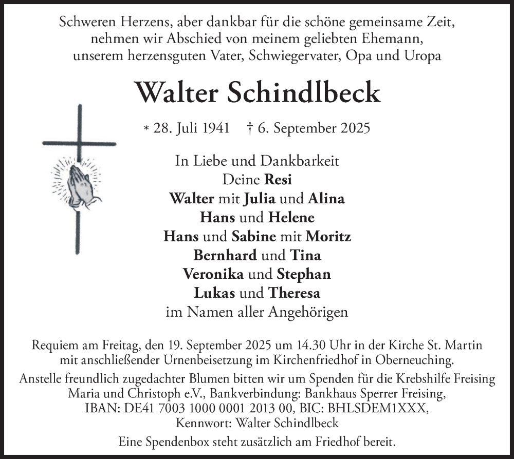  Traueranzeige für Walter Schindlbeck vom 13.09.2025 aus merkurtz
