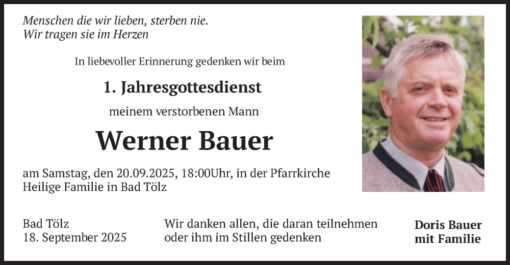  Traueranzeige für Werner Bauer vom 18.09.2025 aus merkurtz