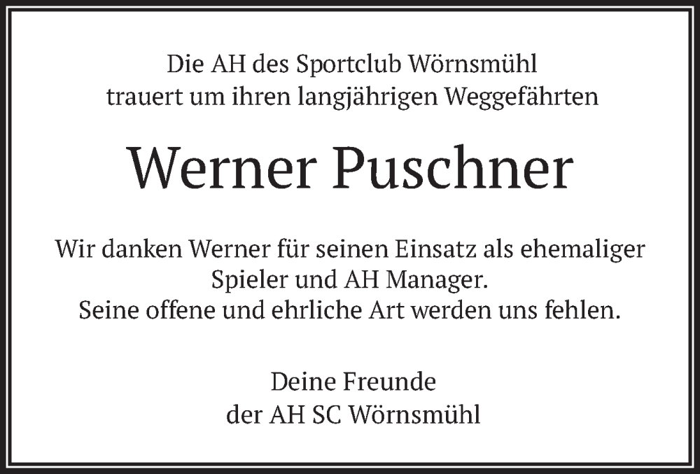  Traueranzeige für Werner Puschner vom 24.09.2025 aus merkurtz