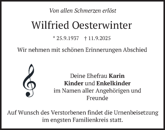 Traueranzeige von Wilfried Oesterwinter von merkurtz