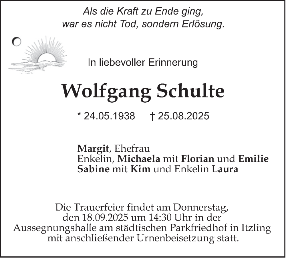  Traueranzeige für Wolfgang Schulte vom 13.09.2025 aus merkurtz