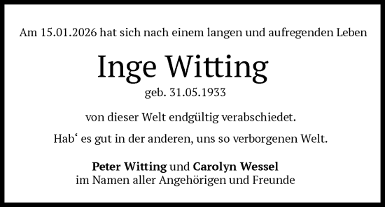 Traueranzeige von Inge Witting von merkurtz