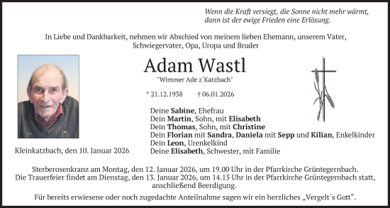 Traueranzeige von Adam Wastl von merkurtz
