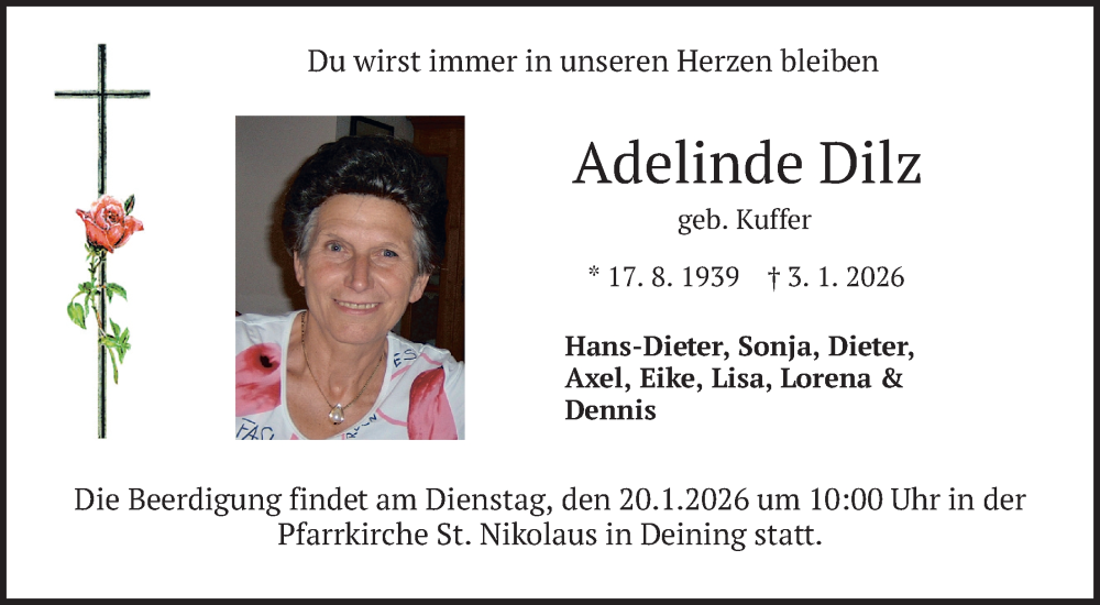 Traueranzeige für Adelinde Dilz vom 17.01.2026 aus merkurtz