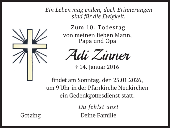 Traueranzeige von Adi Zinner von merkurtz