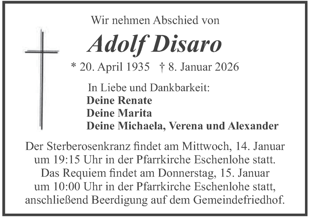  Traueranzeige für Adolf Disaro vom 13.01.2026 aus merkurtz