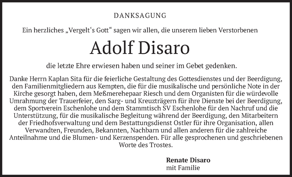  Traueranzeige für Adolf Disaro vom 31.01.2026 aus merkurtz