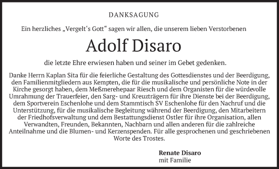 Traueranzeige von Adolf Disaro von merkurtz