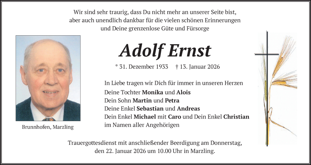  Traueranzeige für Adolf Ernst vom 17.01.2026 aus merkurtz