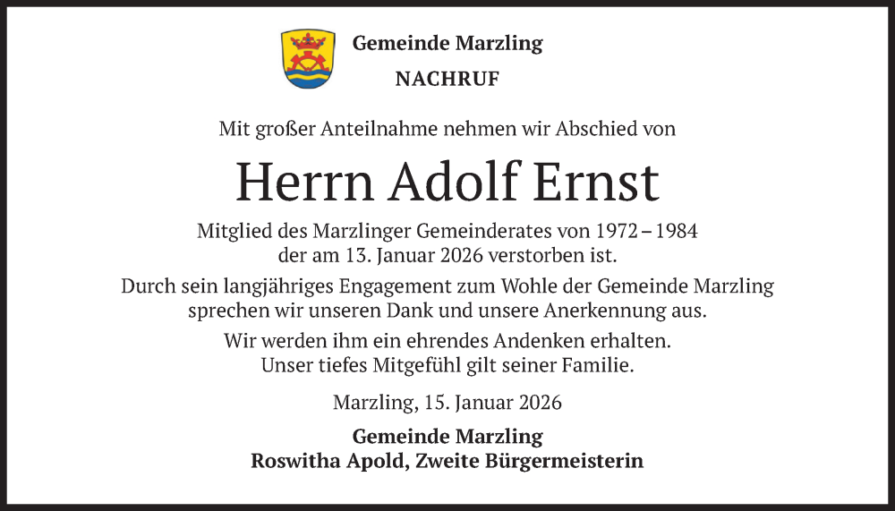  Traueranzeige für Adolf Ernst vom 19.01.2026 aus merkurtz