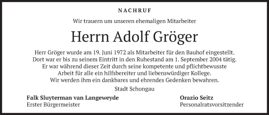Traueranzeige von Adolf Gröger von merkurtz