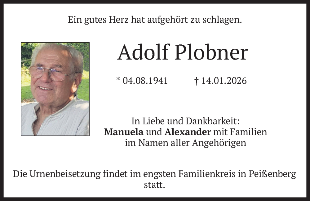  Traueranzeige für Adolf Plobner vom 31.01.2026 aus merkurtz