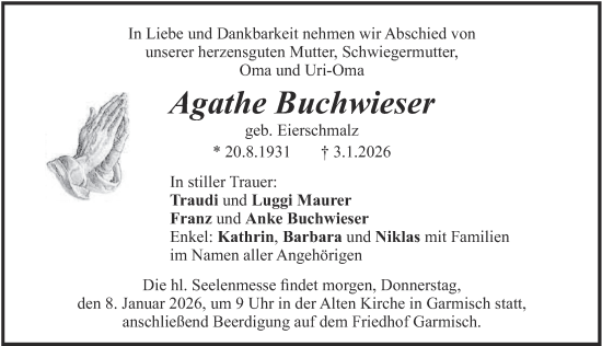 Traueranzeige von Agathe Buchwieser von merkurtz