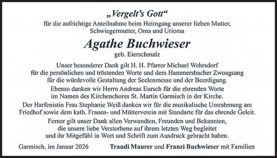 Traueranzeige von Agathe Buchwieser von merkurtz