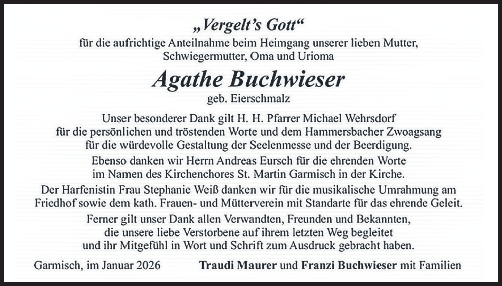  Traueranzeige für Agathe Buchwieser vom 17.01.2026 aus merkurtz