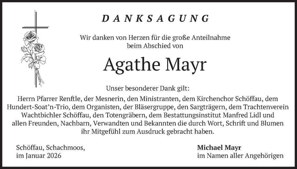  Traueranzeige für Agathe Mayr vom 16.01.2026 aus merkurtz