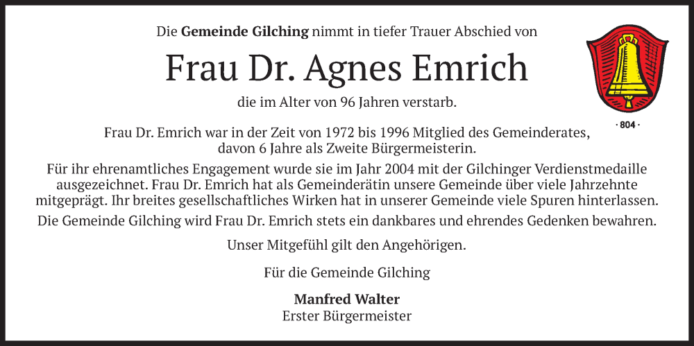  Traueranzeige für Agnes Emrich vom 24.01.2026 aus merkurtz