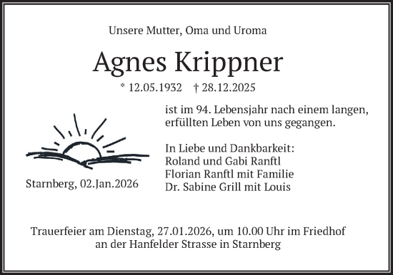 Traueranzeige von Agnes Krippner von merkurtz