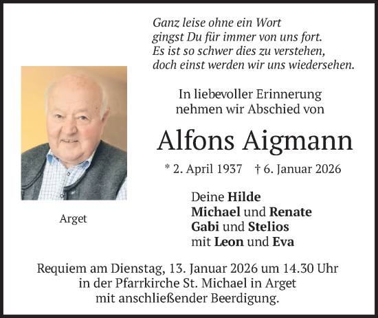 Traueranzeige von Alfons Aigmann von merkurtz