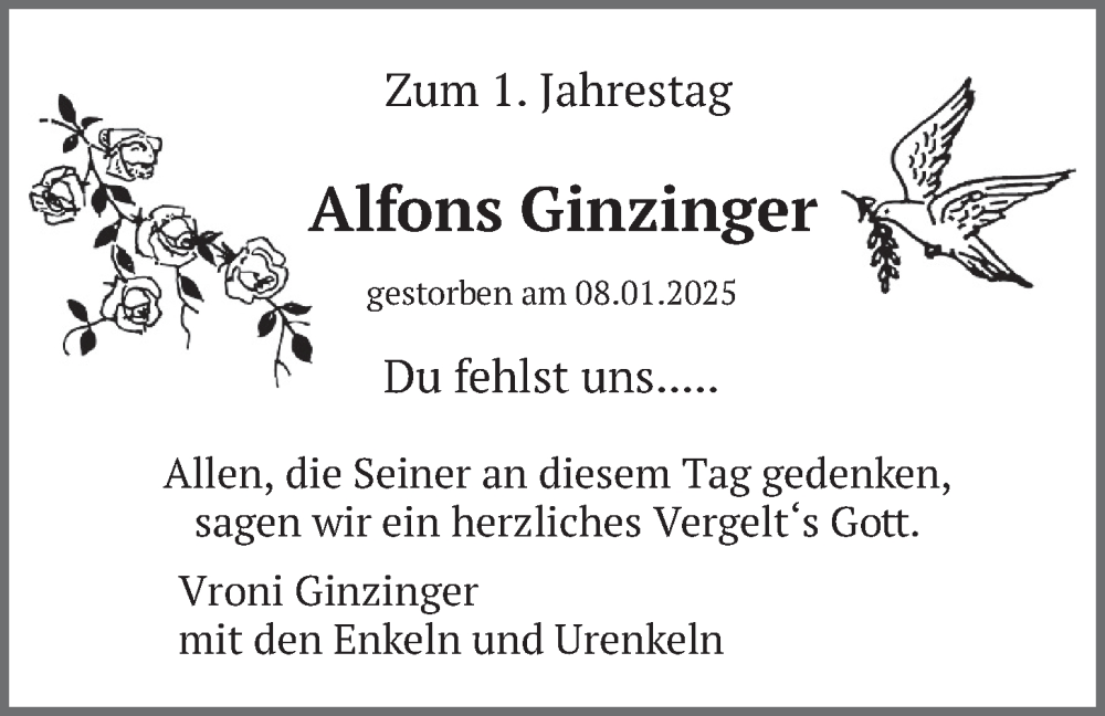  Traueranzeige für Alfons Ginzinger vom 08.01.2026 aus merkurtz