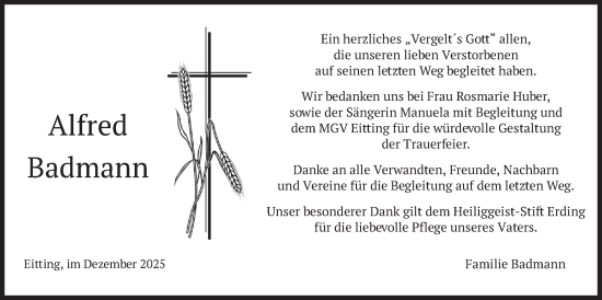 Traueranzeige von Alfred Badmann von merkurtz