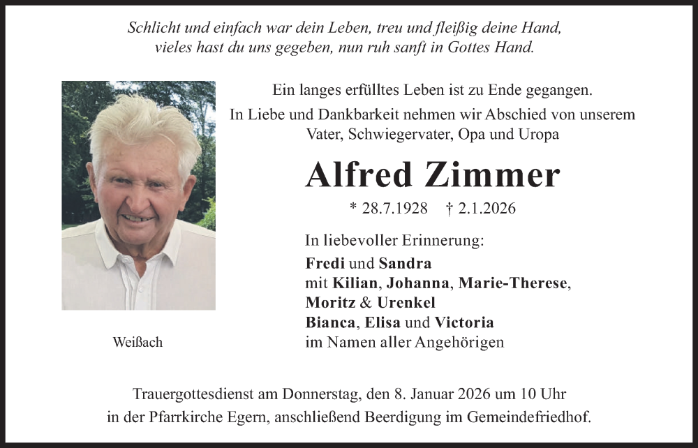  Traueranzeige für Alfred Zimmer vom 07.01.2026 aus merkurtz