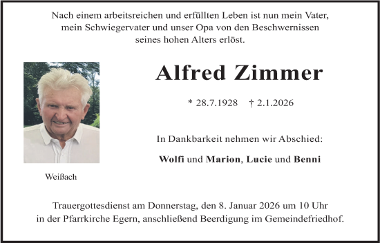 Traueranzeige von Alfred Zimmer von merkurtz