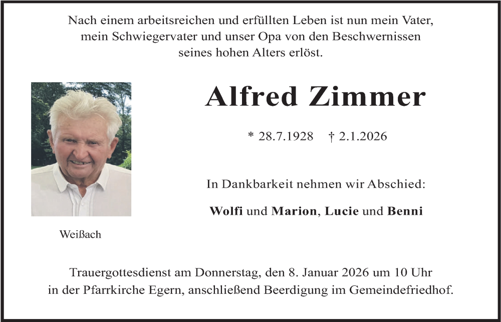  Traueranzeige für Alfred Zimmer vom 07.01.2026 aus merkurtz