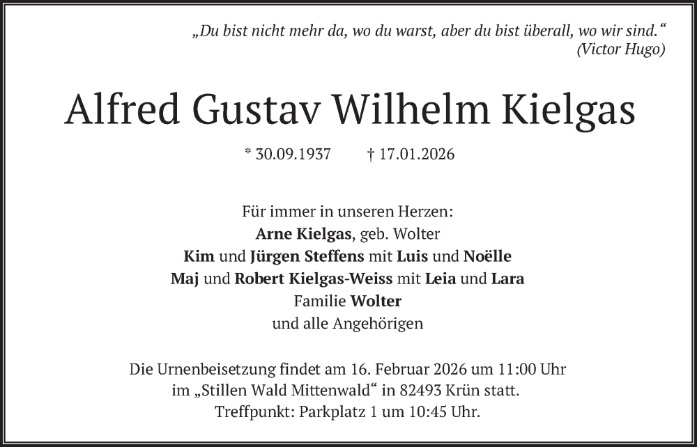  Traueranzeige für Alfred Gustav Wilhelm Kielgas vom 31.01.2026 aus merkurtz