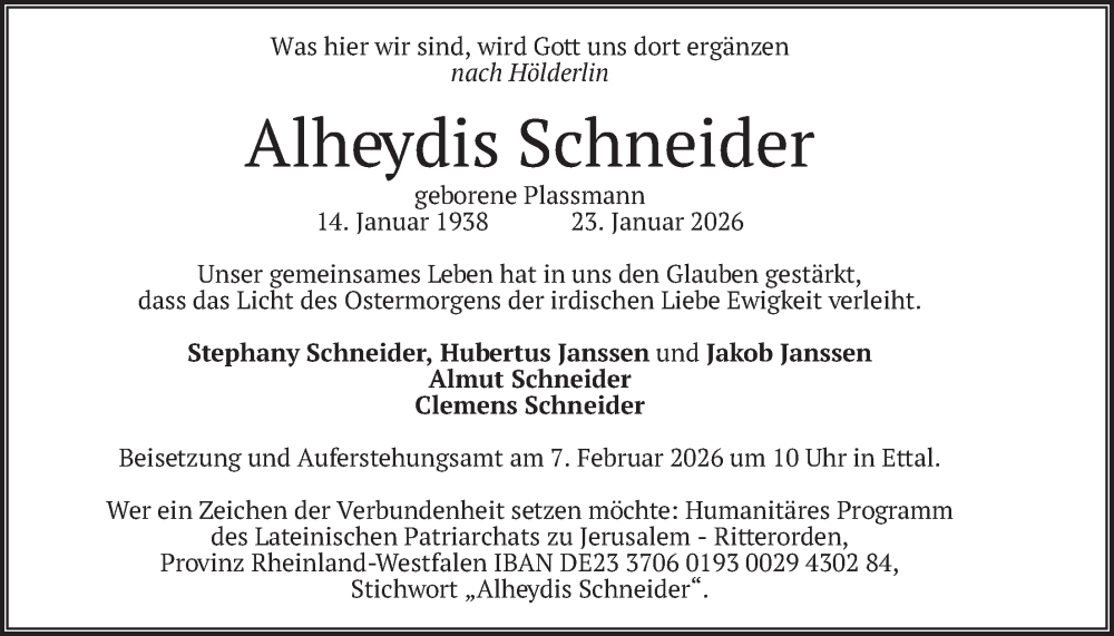  Traueranzeige für Alheydis Schneider vom 31.01.2026 aus merkurtz