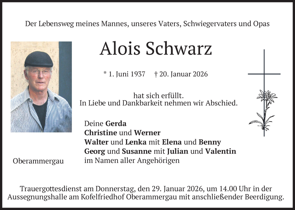 Traueranzeige für Alois Schwarz vom 24.01.2026 aus merkurtz