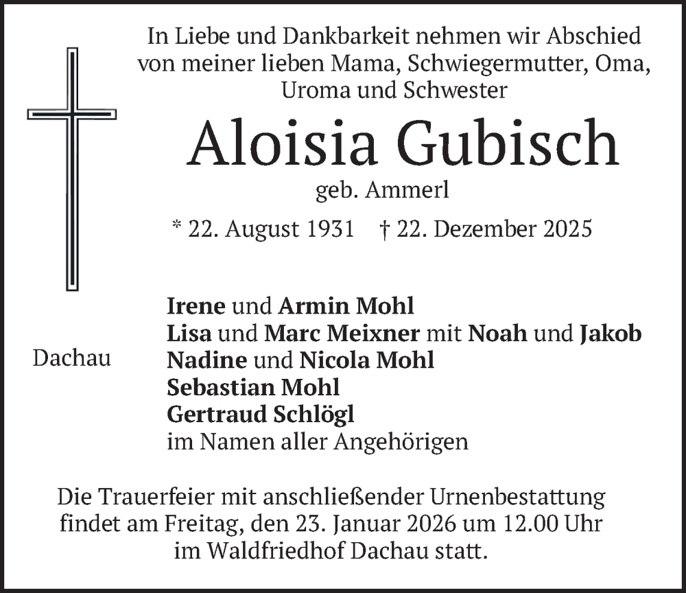  Traueranzeige für Aloisia Gubisch vom 17.01.2026 aus merkurtz