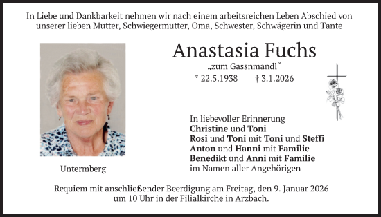 Traueranzeige von Anastasia Fuchs von merkurtz