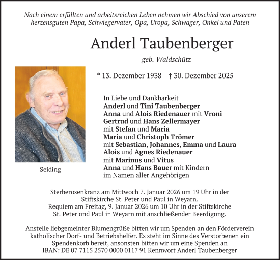 Traueranzeige von Anderl Taubenberger von merkurtz