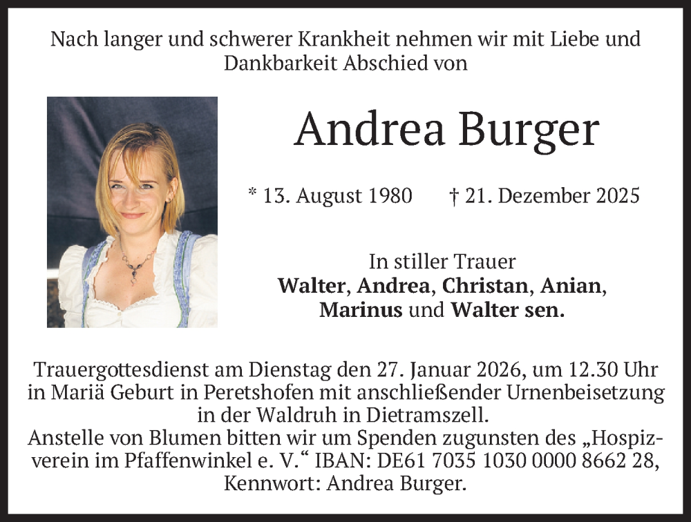  Traueranzeige für Andrea Burger vom 24.01.2026 aus merkurtz