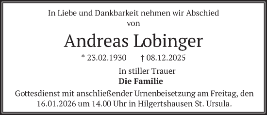 Traueranzeige von Andreas Lobinger von merkurtz