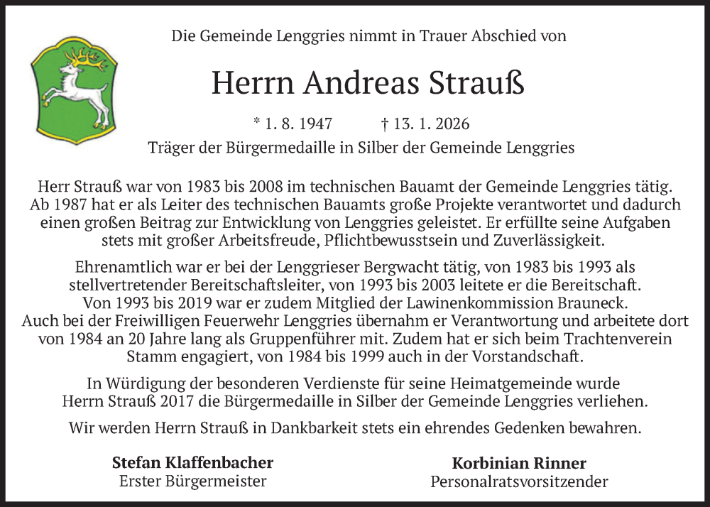  Traueranzeige für Andreas Strauß vom 20.01.2026 aus merkurtz