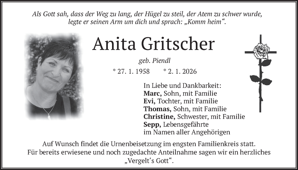  Traueranzeige für Anita Gritscher vom 10.01.2026 aus merkurtz