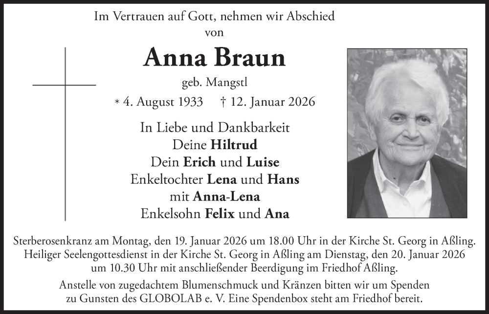  Traueranzeige für Anna Braun vom 16.01.2026 aus merkurtz