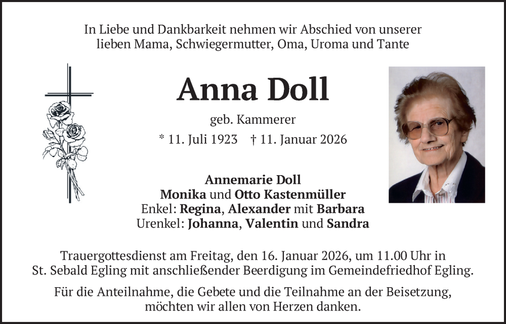  Traueranzeige für Anna Doll vom 14.01.2026 aus merkurtz