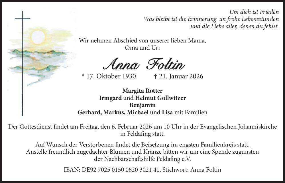  Traueranzeige für Anna Foltin vom 31.01.2026 aus merkurtz