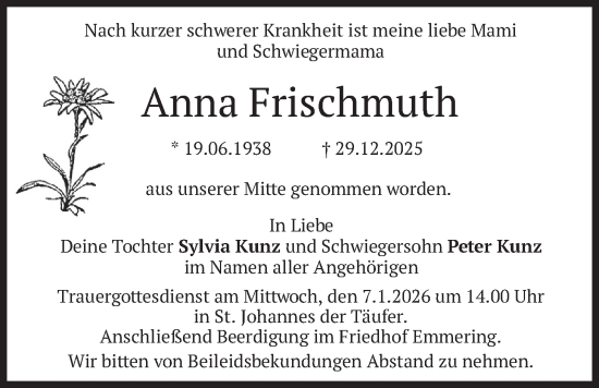 Traueranzeige von Anna Frischmuth von merkurtz