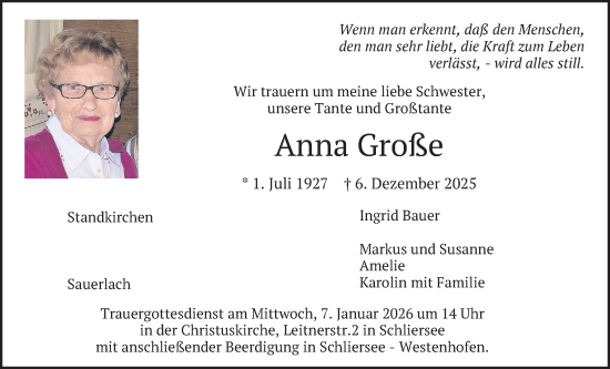 Traueranzeige von Anna Große von merkurtz