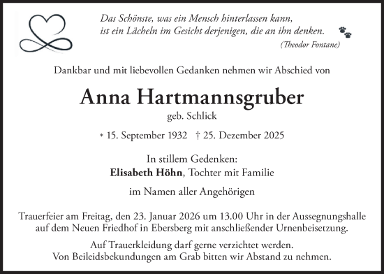 Traueranzeige von Anna Hartmannsgruber von merkurtz