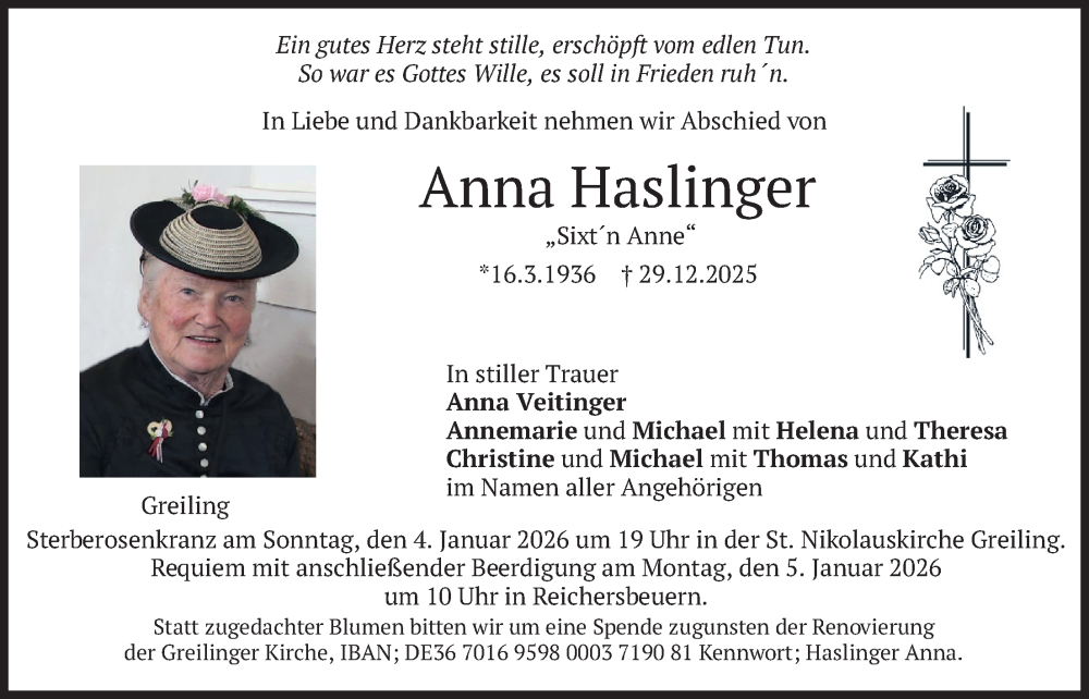  Traueranzeige für Anna Haslinger vom 03.01.2026 aus merkurtz