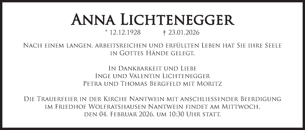  Traueranzeige für Anna Lichtenegger vom 31.01.2026 aus merkurtz
