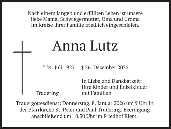 Traueranzeige von Anna Lutz von merkurtz